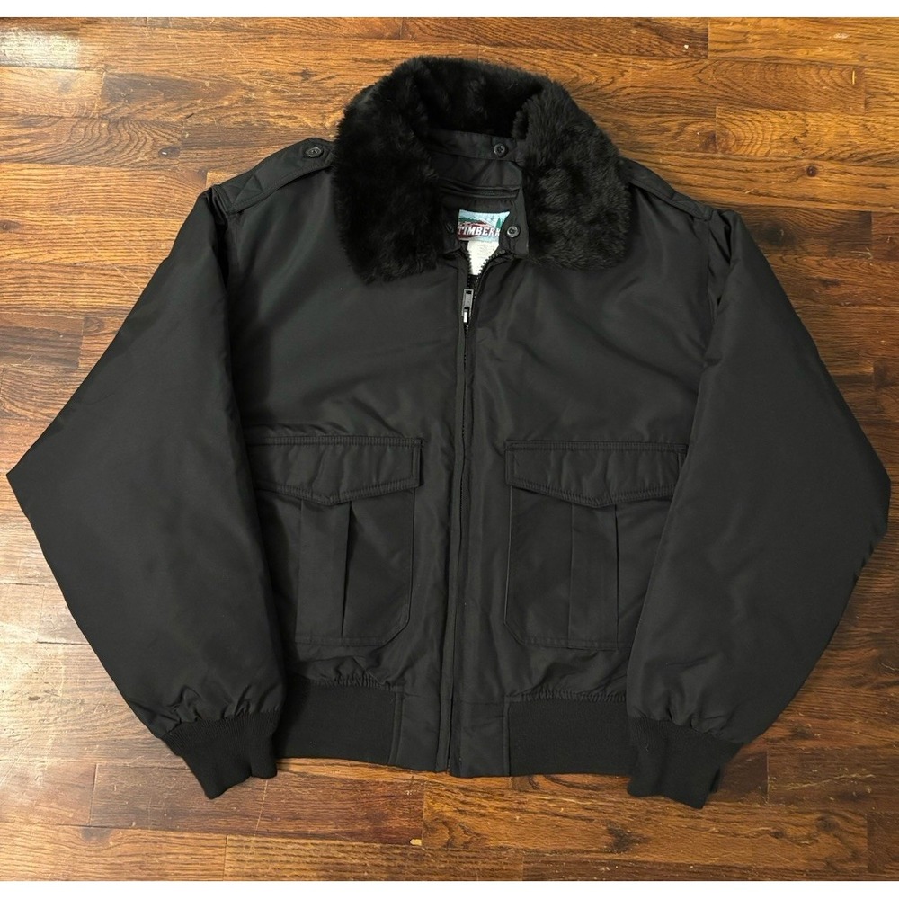 VTG Timber King Bomber Jacket Faux Fur Collar Black Size XL UNI Removable INSIDE